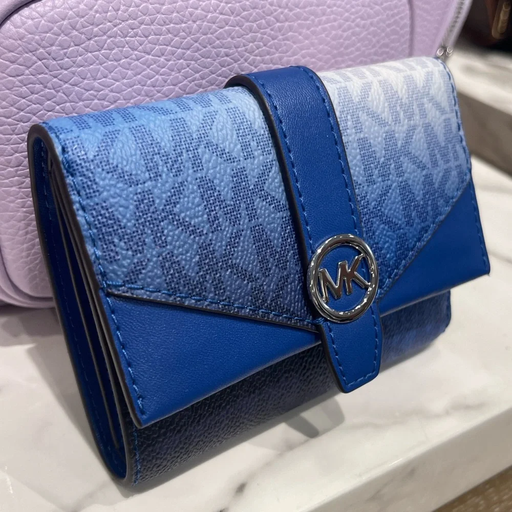 MICHAEL KORS Greenwich Medium Ombré Signature Logo Tri-Fold Wallet Galaxy Blue